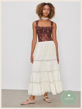 Woven Floral Ruffle Hem Tiered Maxi Skirt Mid Rise Casual Beach